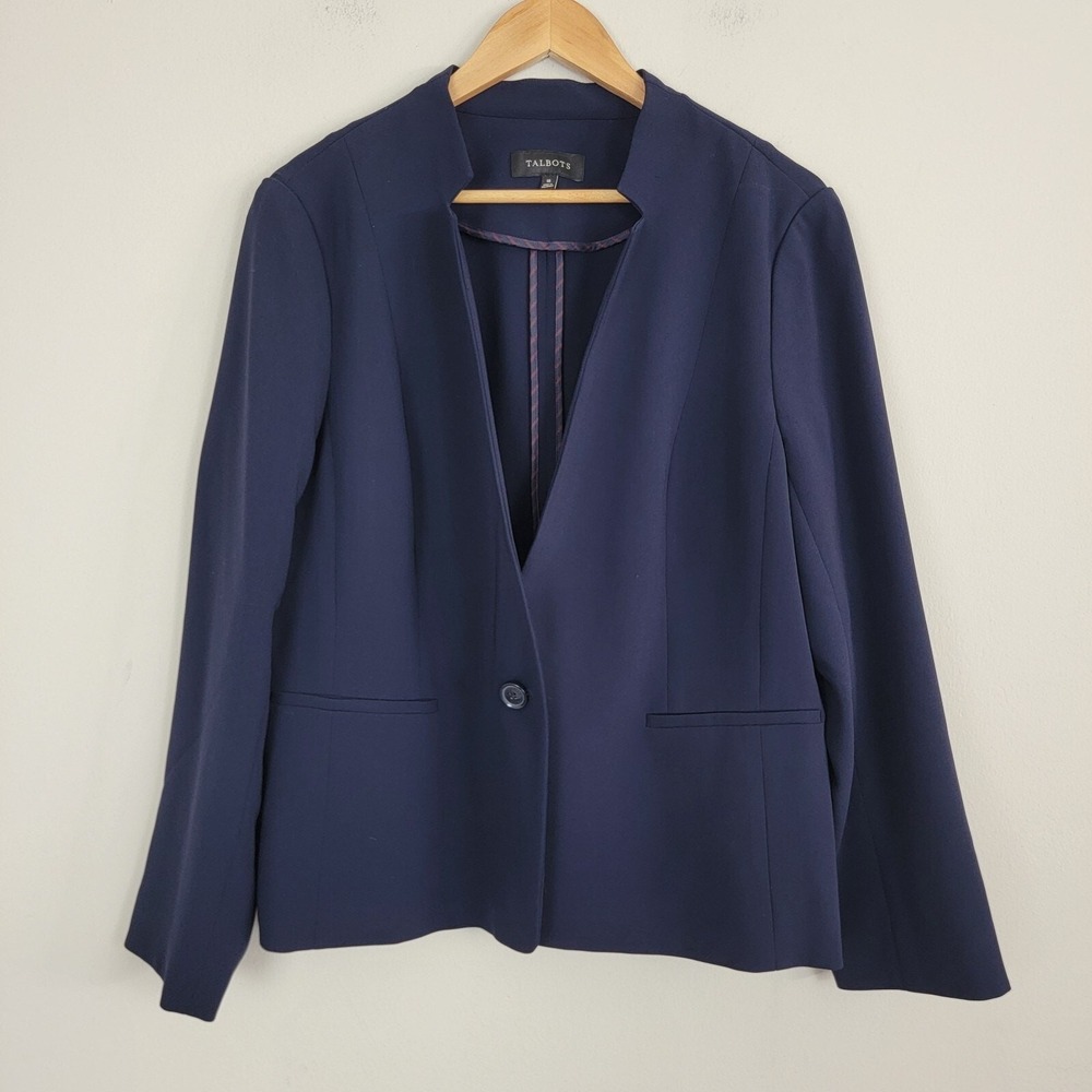 Talbots Blazer Jacket Womens 16 Navy Blue Collarless Lightweight Single Button